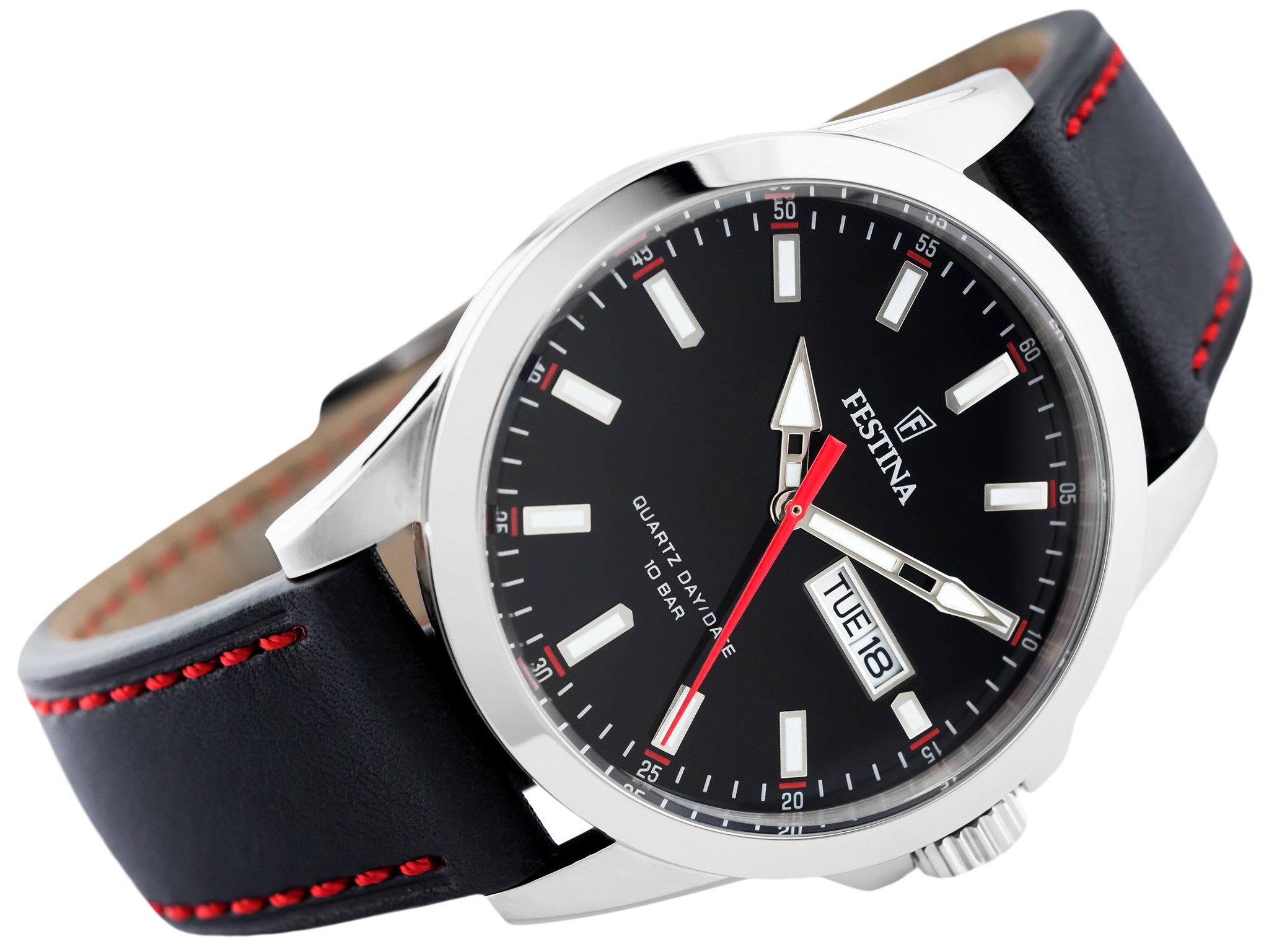 Festina Uomo F20358/4 - Orologio Classico Con Giorno E Data, Cassa 41mm In Acciaio, Cinturino In Pelle Nera
